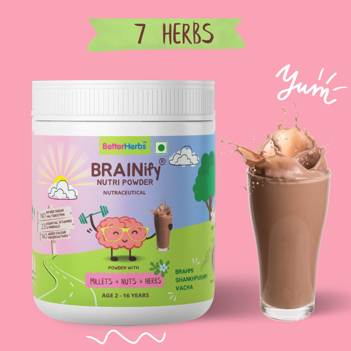 BRAINIFY Nutrition Powder for Children & Teens | 7 Brain Boosting Ayurvedic Herbs + Millets + Nuts | No Refined Sugar | Yummy Flavour