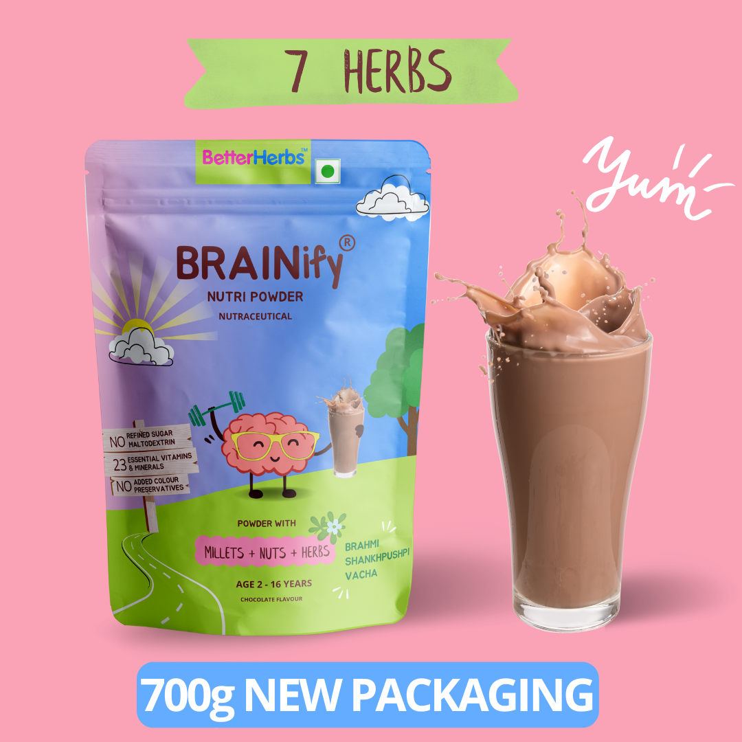 BRAINIFY Nutrition Powder for Children & Teens | 7 Brain Boosting Ayurvedic Herbs + Millets + Nuts | No Refined Sugar | Yummy Flavour