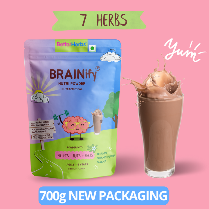 BRAINIFY Nutrition Powder for Children & Teens | 7 Brain Boosting Ayurvedic Herbs + Millets + Nuts | No Refined Sugar | Yummy Flavour