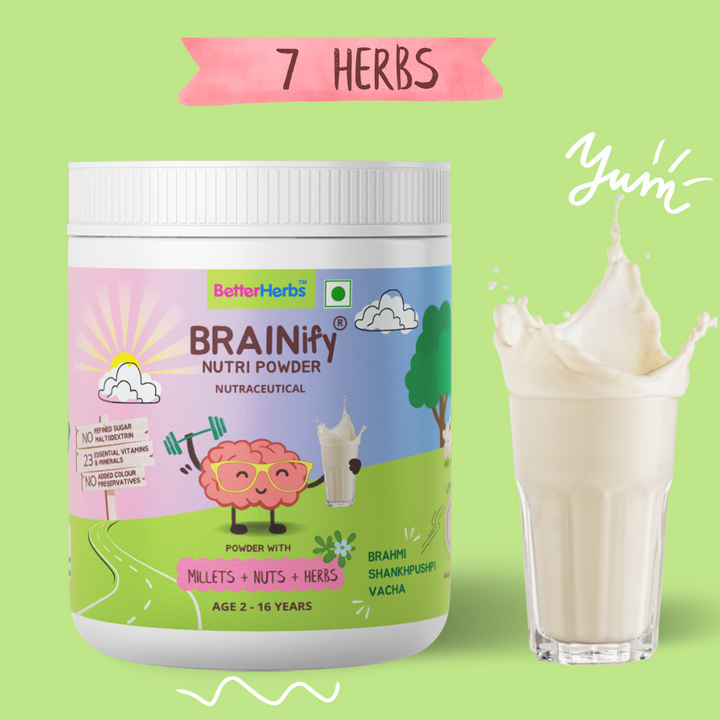 BRAINIFY Nutrition Powder for Children & Teens | 7 Brain Boosting Ayurvedic Herbs + Millets + Nuts | No Refined Sugar | Yummy Flavour