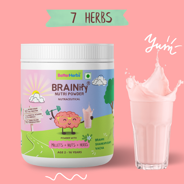 BRAINIFY Nutrition Powder for Children & Teens | 7 Brain Boosting Ayurvedic Herbs + Millets + Nuts | No Refined Sugar | Yummy Flavour