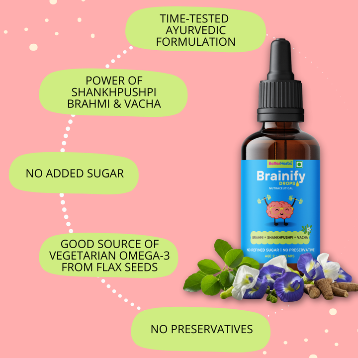 Brainify Drops – Clinically Tested Ayurvedic Formula for Kids’ Brain Health (2-16 Yrs) | No Added Sugar & Preservatives - 30ml