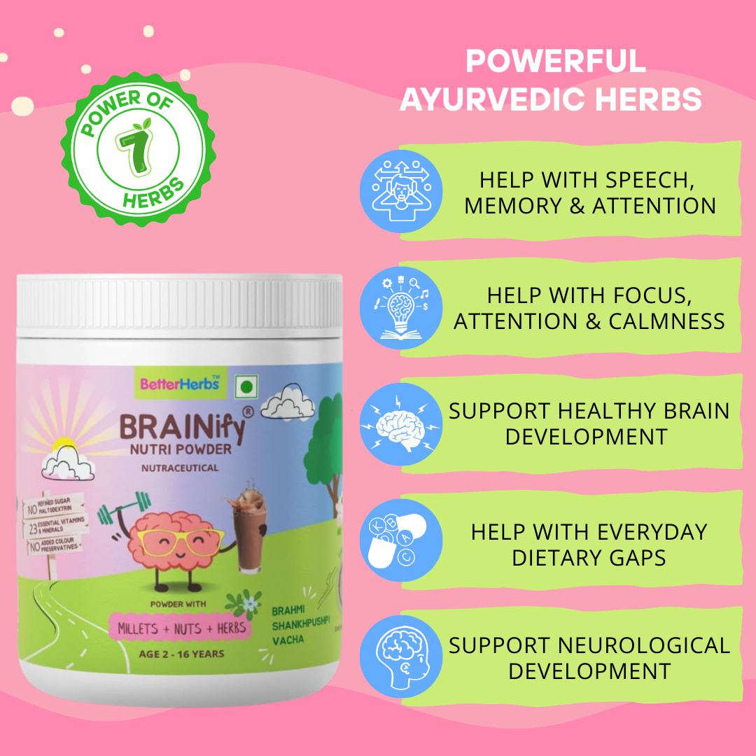 BRAINIFY Nutrition Powder for Children & Teens | 7 Brain Boosting Ayurvedic Herbs + Millets + Nuts | No Refined Sugar | Yummy Flavour