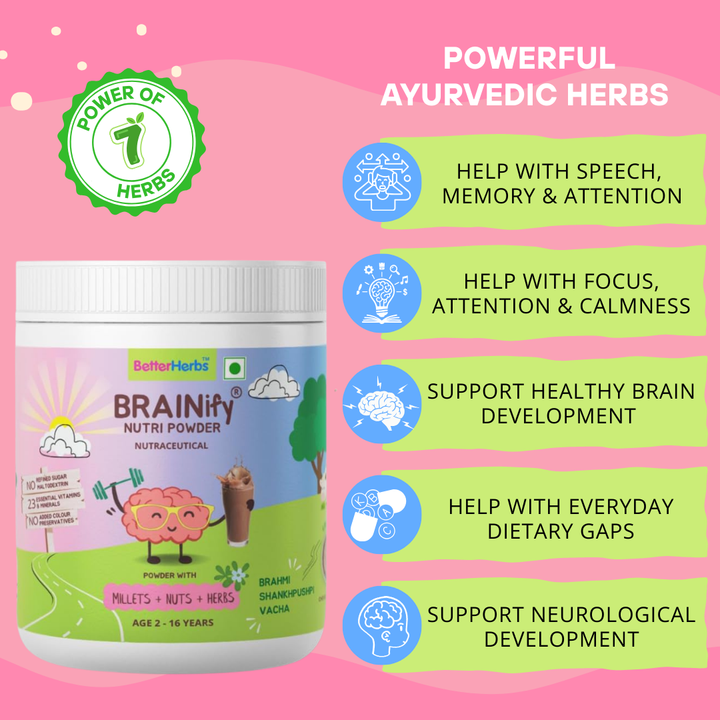 BRAINIFY Nutrition Powder for Children & Teens | 7 Brain Boosting Ayurvedic Herbs + Millets + Nuts | No Refined Sugar | Yummy Flavour