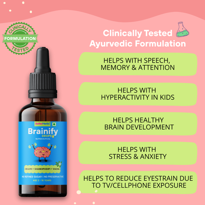 Brainify Drops – Clinically Tested Ayurvedic Formula for Kids’ Brain Health (2-16 Yrs) | No Added Sugar & Preservatives - 30ml
