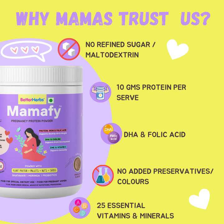 Mamafy Pregnancy Nutrition Protein Powder – 10g Plant Protein | DHA+Choline | Shatavari-Moringa | Birth Weight + Immunity + Brain Development Support - 325g