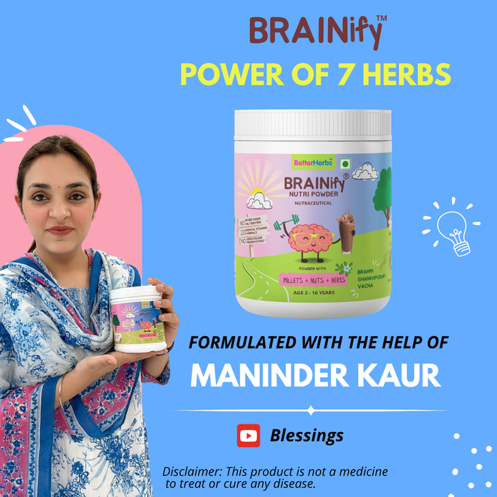 BRAINIFY Nutrition Powder for Children & Teens | 7 Brain Boosting Ayurvedic Herbs + Millets + Nuts | No Refined Sugar | Yummy Flavour